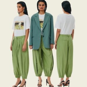 Tibi Pleated Balloon Italian Sporty Nylon Cropped Pants Green 4